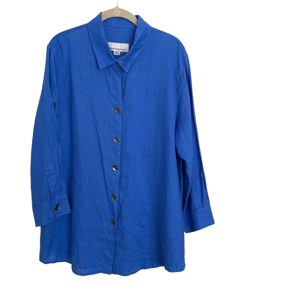 Vintage Caroline Rose Blue 100% Linen Button Blouse